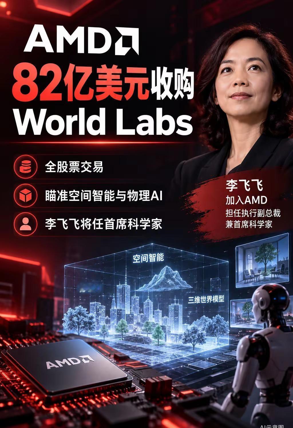 起风了。AMD宣布以约82亿美元全股票交易收购李飞飞创办的WorldLa