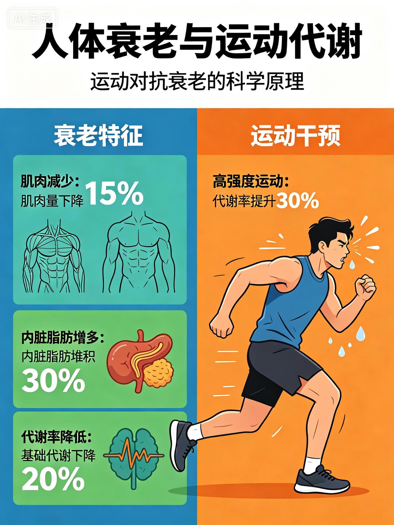 人体衰老其实有三个非常直观的生理特征：肌肉量不断衰减、内脏脂肪悄然堆积、基础代谢