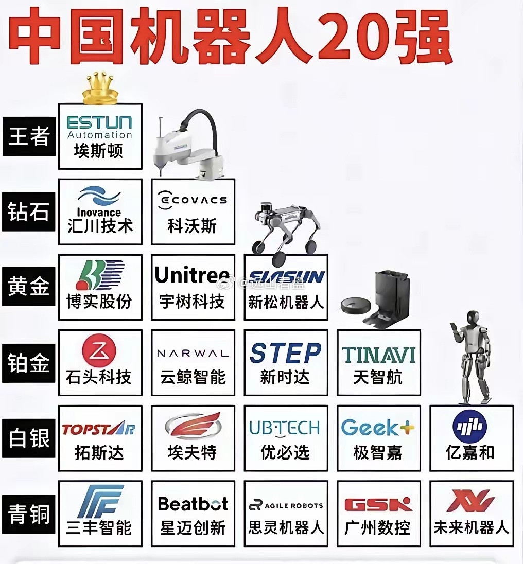 中国机器人20强1.埃斯顿：工业机器人2.汇川技术：工业机器人3.科沃斯：