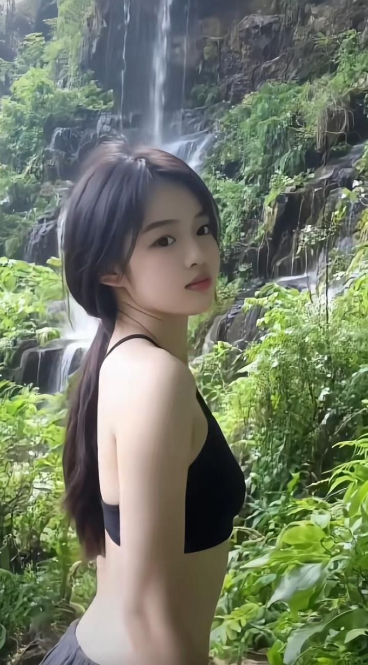 瀑布旁，绿意盎然，少女轻倚，自然之美。漂亮和善良，你会选择哪个林间漫步女孩林