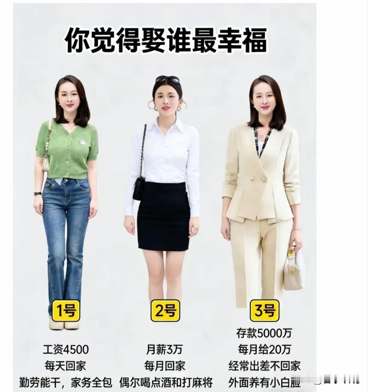 实话实说，下图中几个美女，彩礼都是一样多，你会选谁！​1号：工资每月4500，