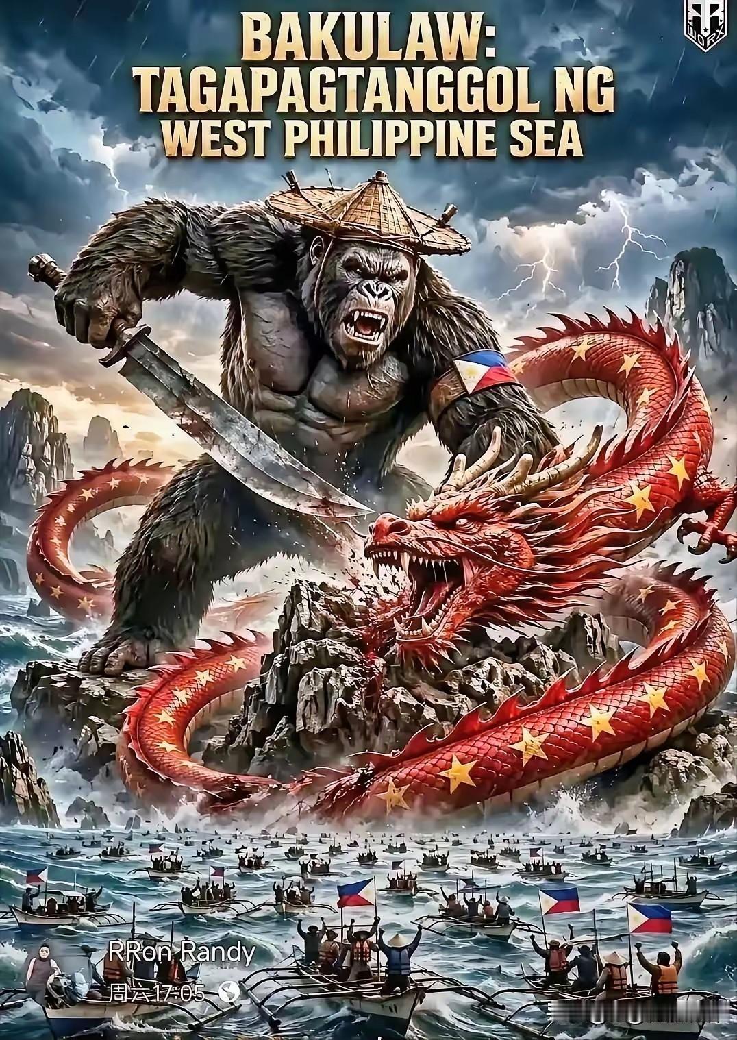 前阵子菲律宾那边弄了张漫画，画个大猩猩手撕巨龙，龙身上涂得通红，背上还画个五角星