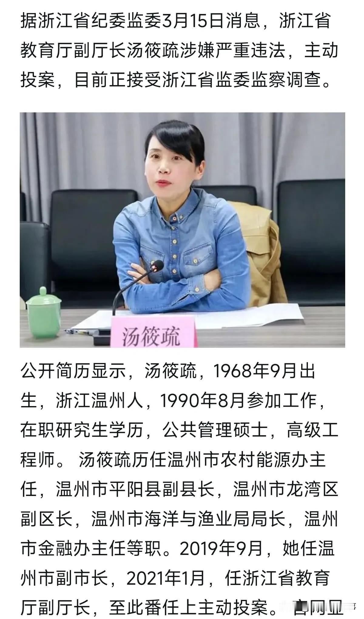 美女厅长汤筱疏主动投案了，1968年出生的她是硕士毕业，高级工程师，历任温州龙