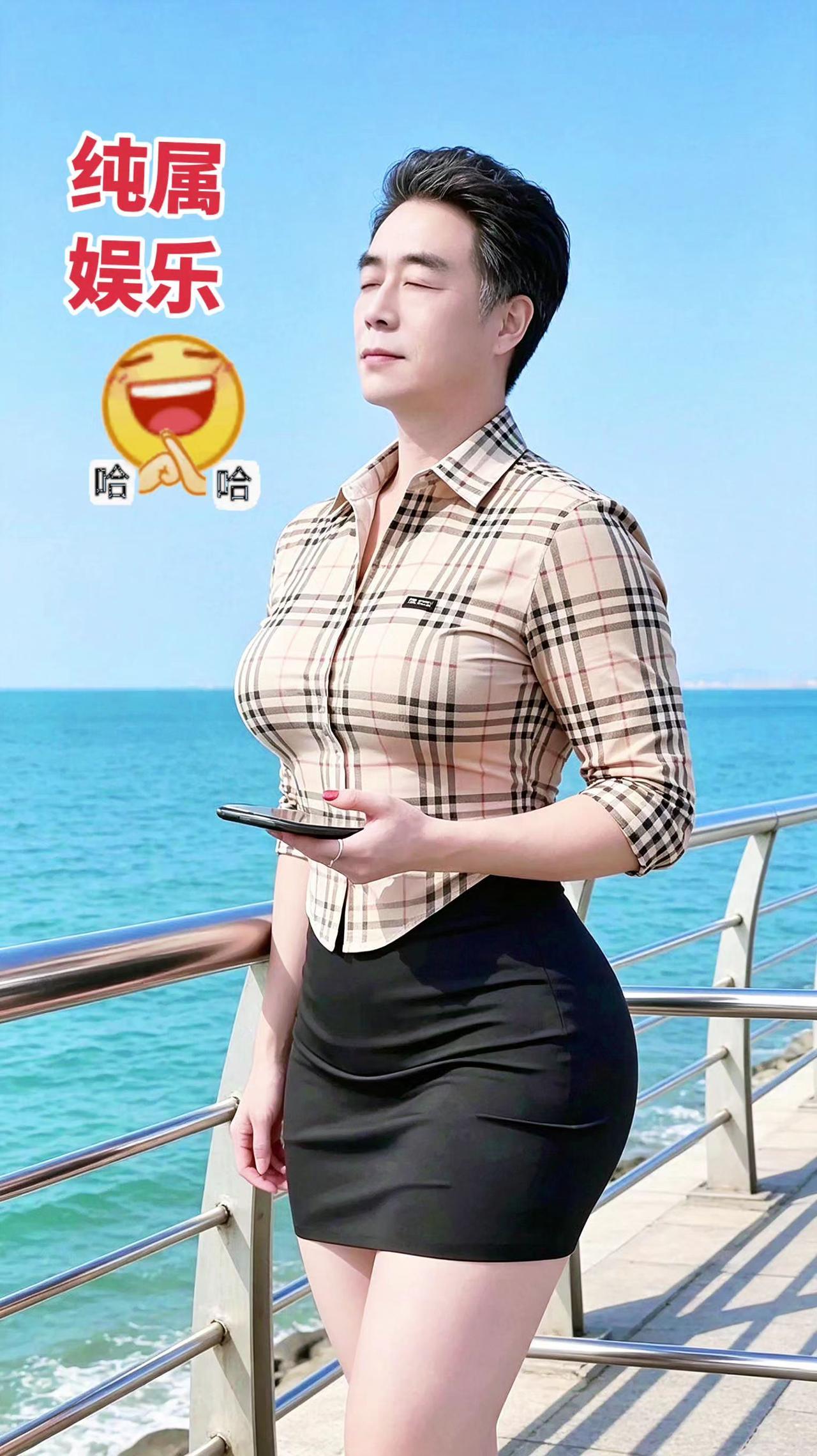 海风轻拂，阳光洒在复古格纹衬衫上，仿佛时间在此刻静止。背景是无边的蔚蓝，海天一色