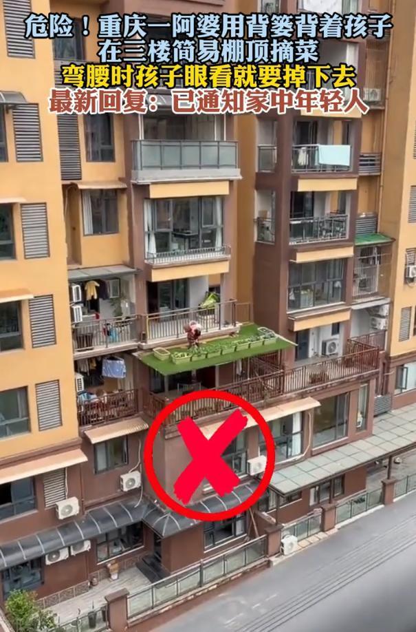 “太危险了！”重庆，女子在自家阳台望风，结果却看到对面楼，一位阿婆在三楼的简易棚