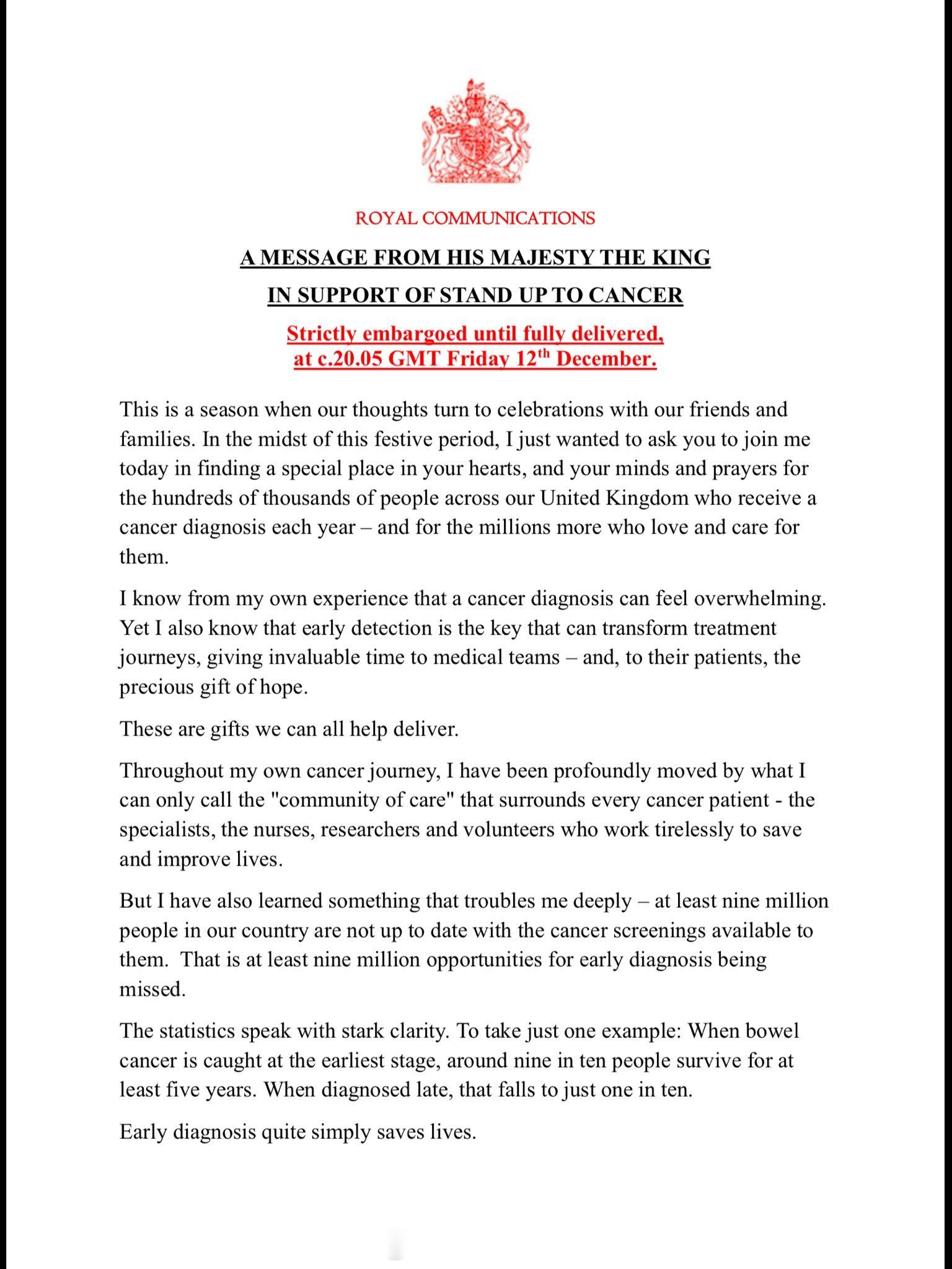 英国王室查尔斯三世响应癌症计划，呼吁人们去了解全国癌症筛查服务，据他所知目前