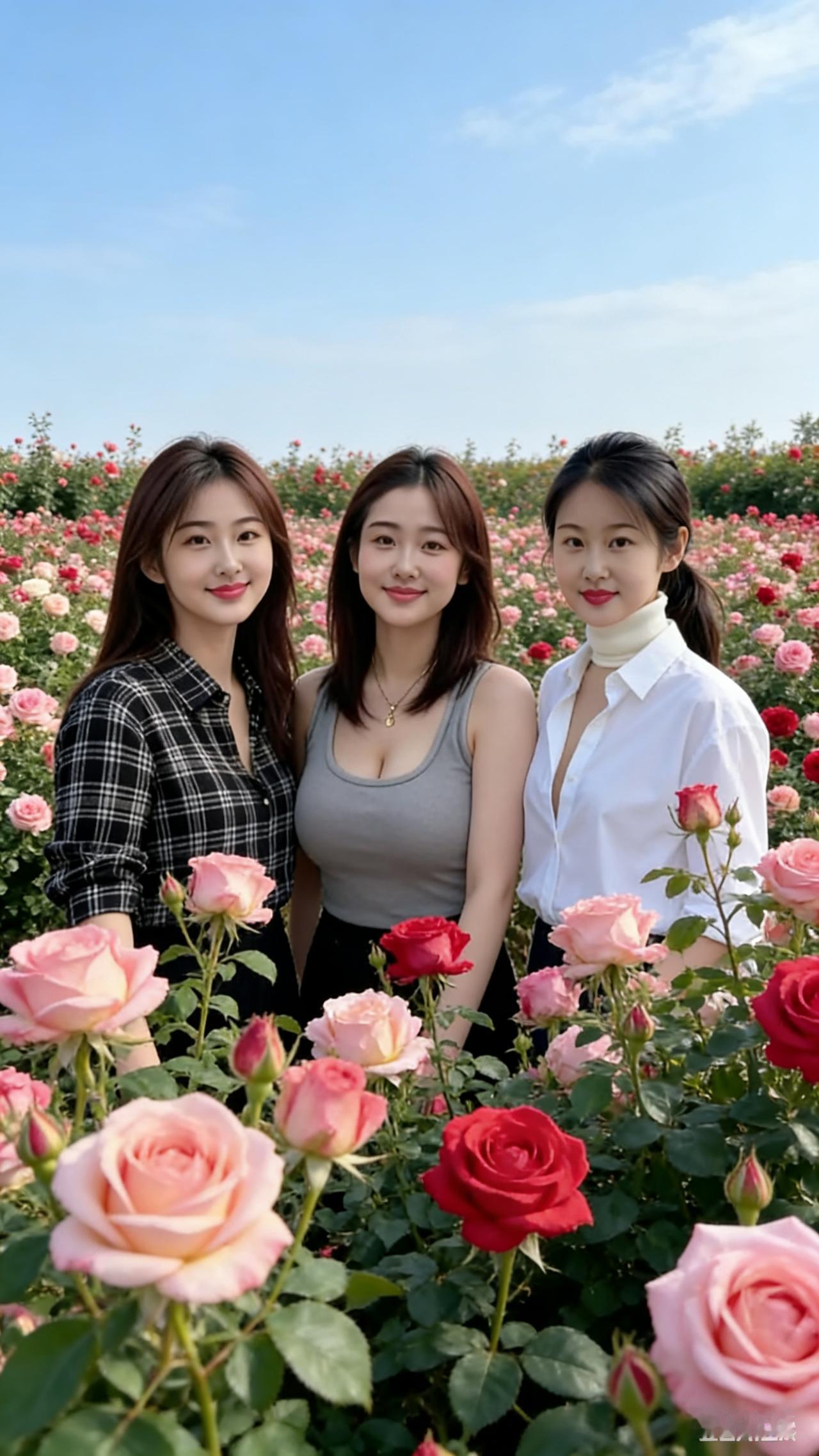 三位女性分别穿着黑白格衬衫、灰色背心和白色衬衫配高领内搭，长发、中长发与马尾各显