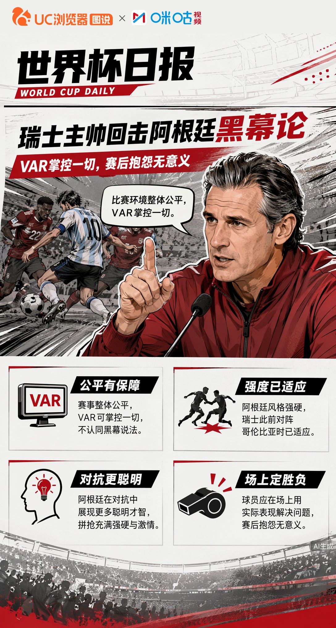瑞士主帅反驳阿根廷黑幕论：VAR掌控一切，赛后抱怨无意义