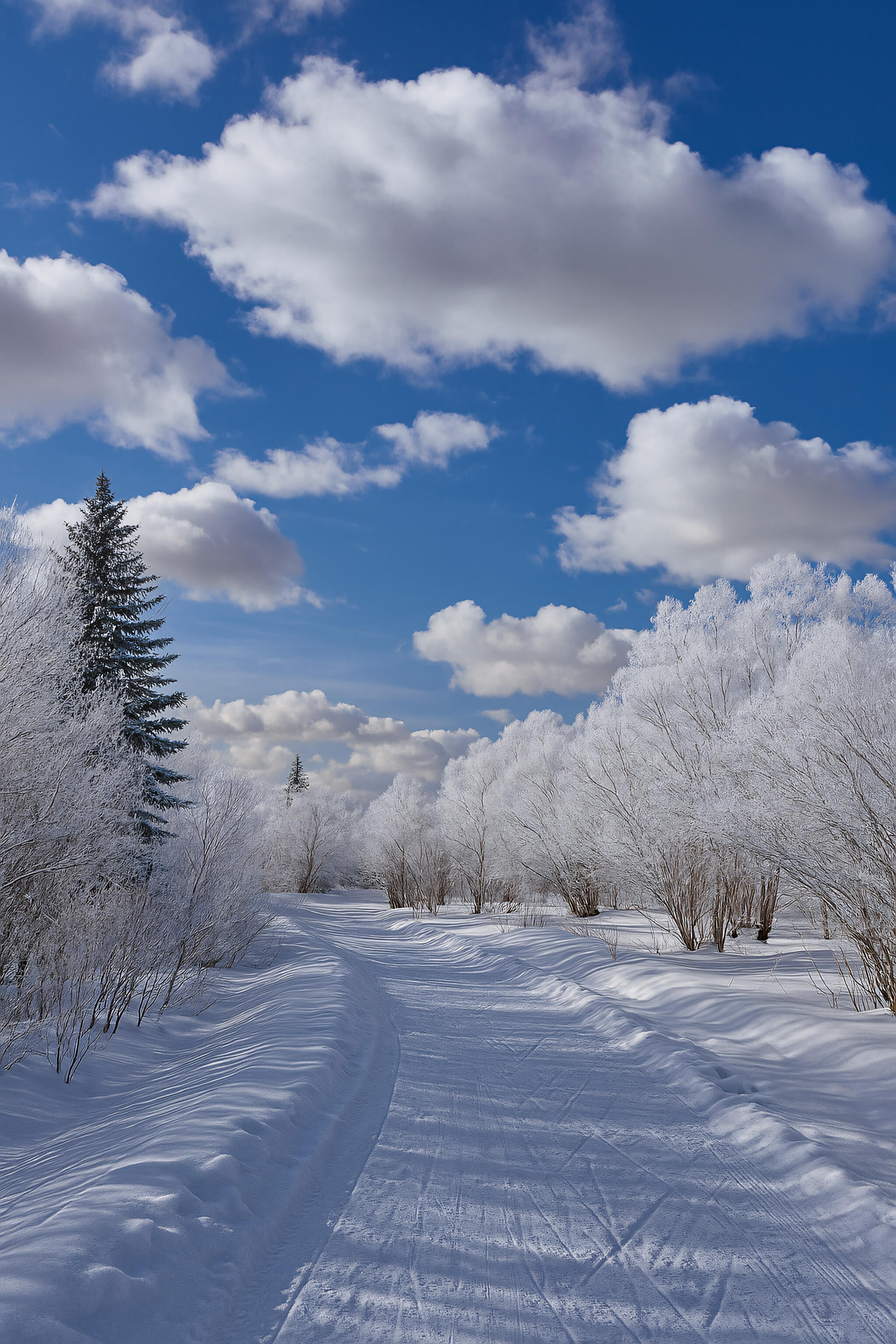 冬季的长白山，白雪覆盖整片山林，雾凇挂满树枝，温泉蒸汽在冰雪间袅袅升起-就是那种