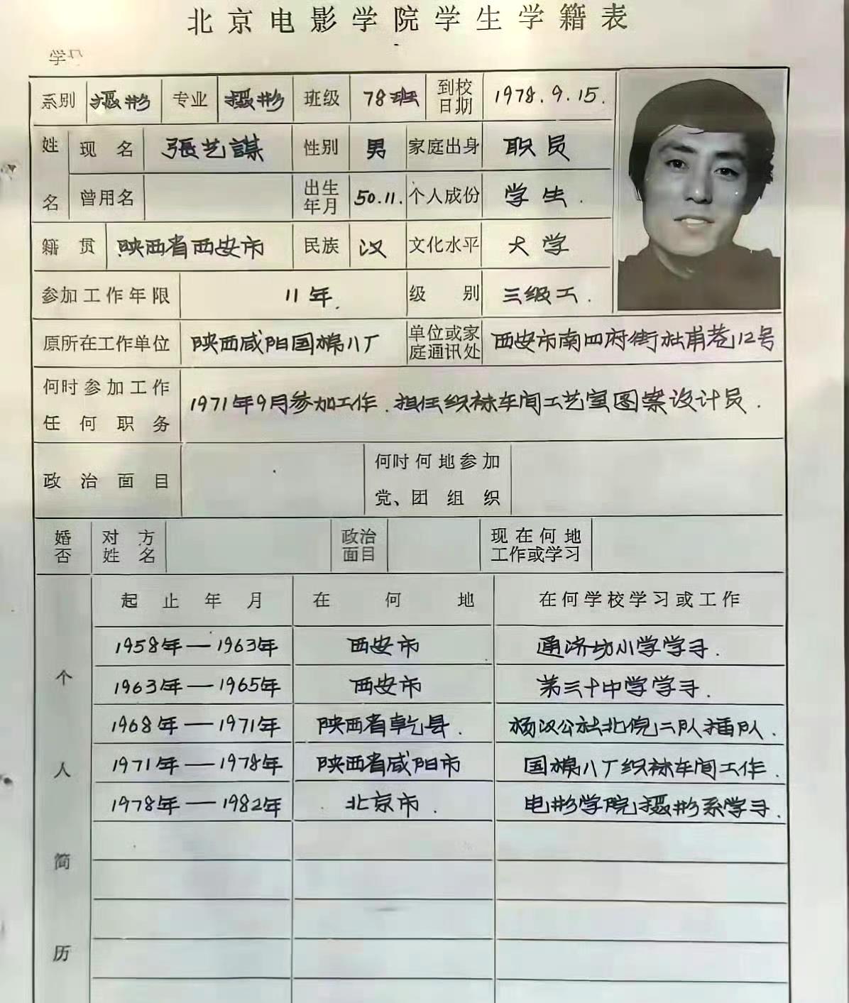 1978年，张艺谋填的学籍表。字如其人，有板有眼，难怪能成大导演。​​​