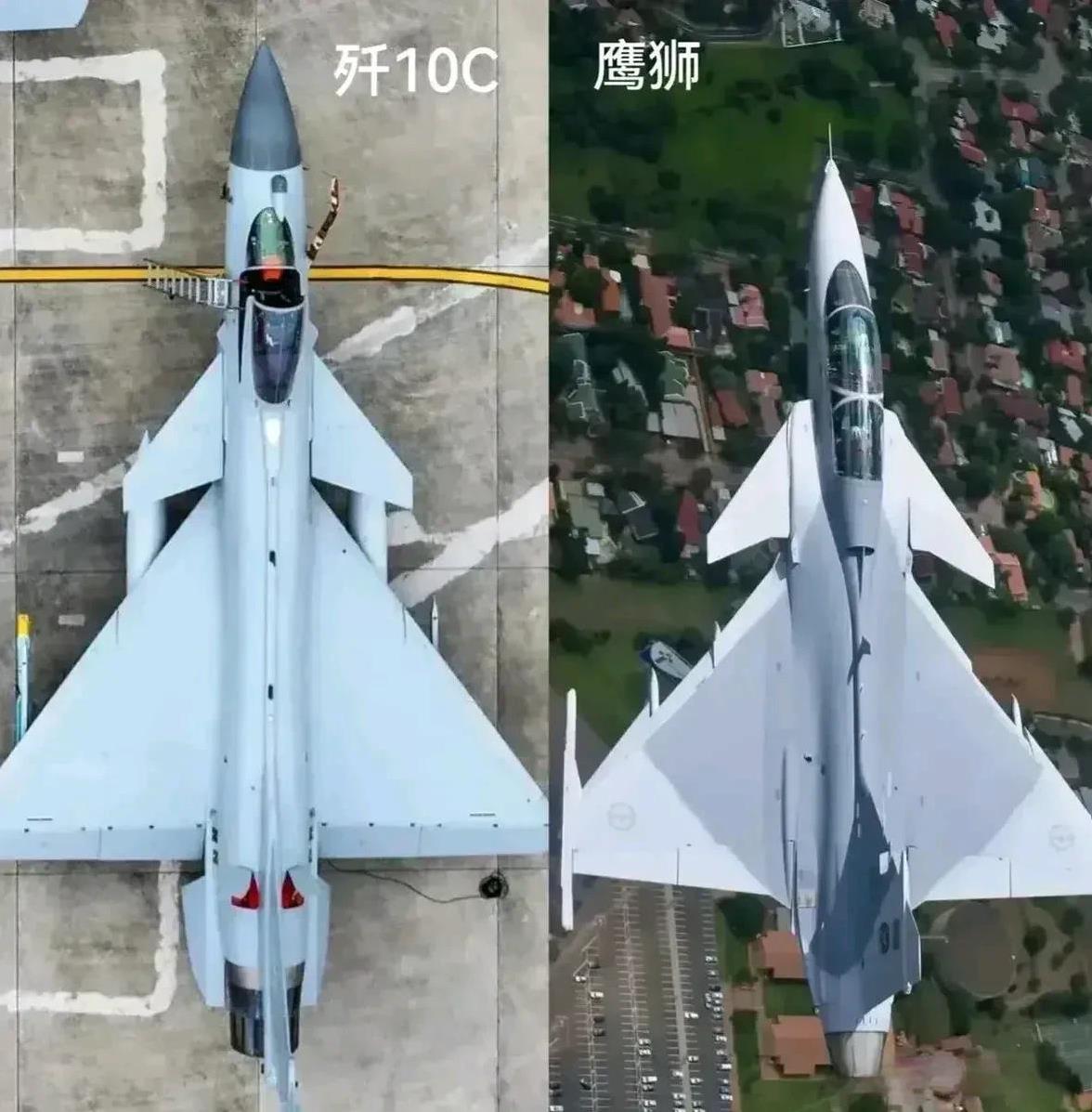 我今天才发现歼10战斗机和鹰狮战斗机外形如此的相像，鸭翼单发三角翼，不知道它们谁