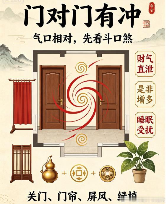 玄灵道人提醒：住宅门对门，斗口煞，家宅气场直冲损耗阳宅有云：门为气口，两门相对，必有对冲。门是房子纳