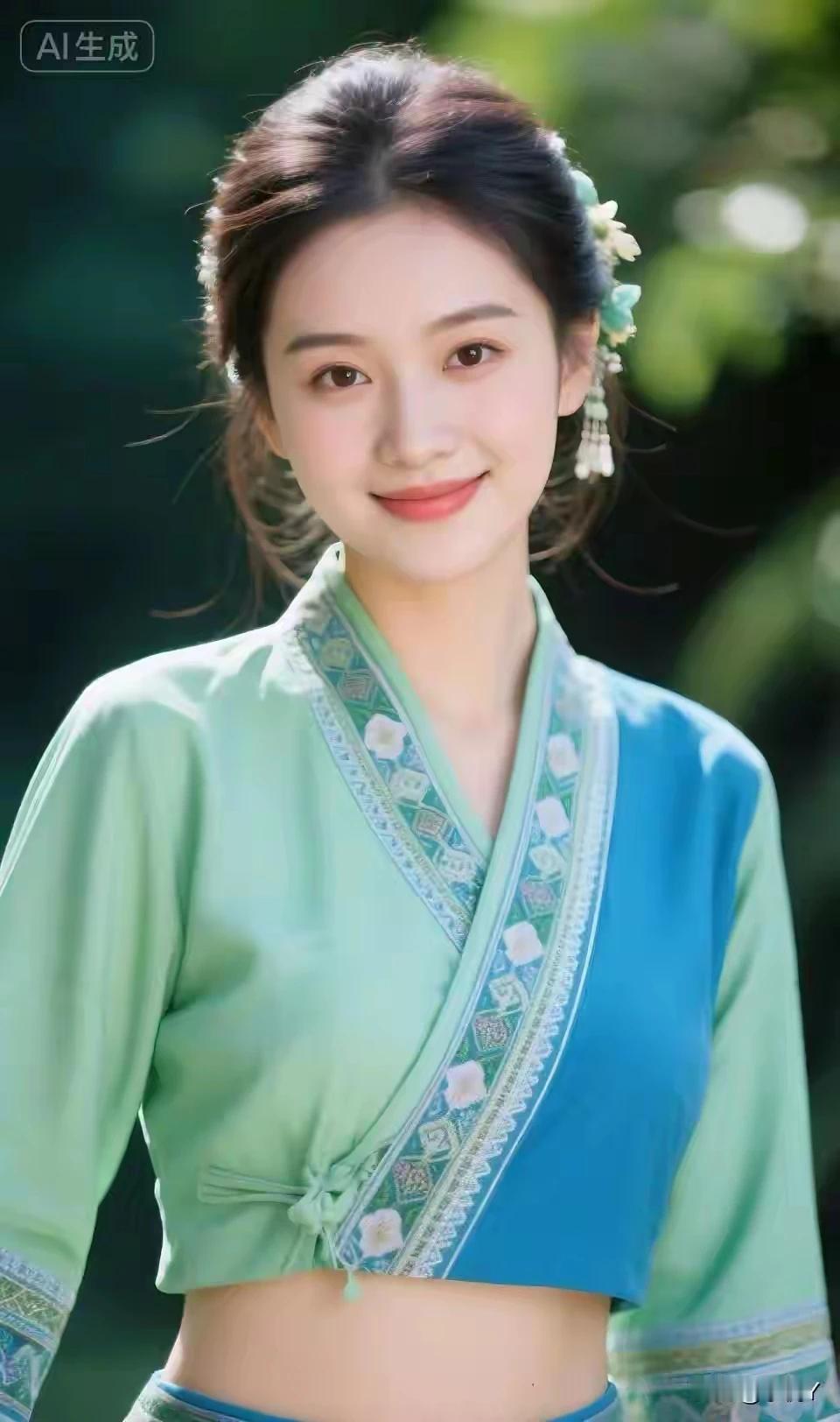 漂亮少女，嫩绿蓝色民族服装，唯美迷人!明眸皓齿，娇小玲珑。千娇百媚，仪态万