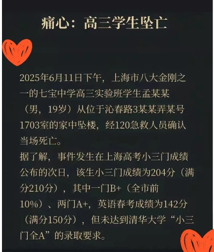惊闻上海高三学霸坠亡的消息，真的太痛心了，这么优秀的孩子，还没有来得及享受人间的