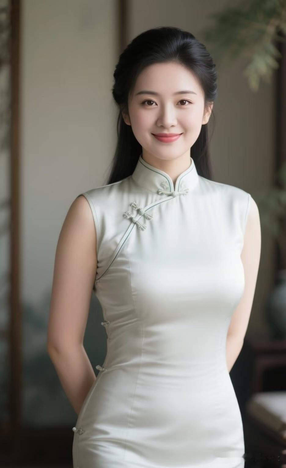 五言·旗袍韵素缎凝清雅，云鬟绾静容。盘襟衔巧扣，浅黛蕴和风。浅笑含温婉