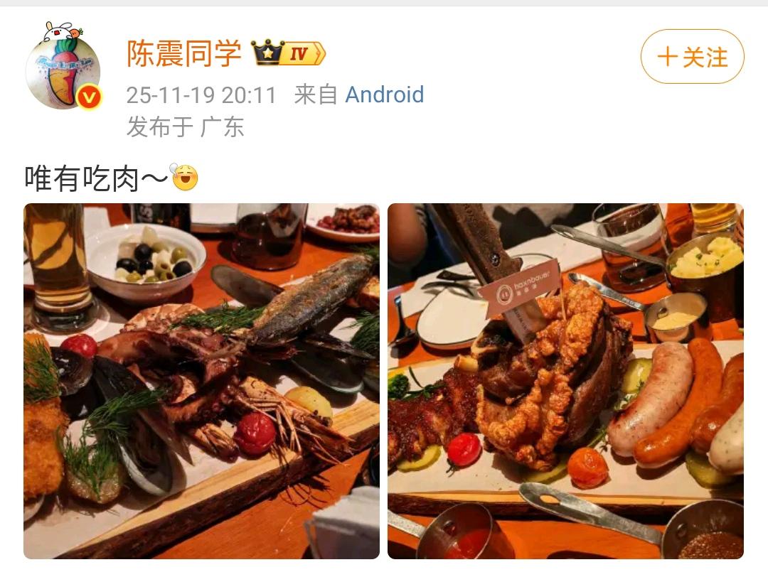 陈震：唯有吃肉[6]陈震同学的社交媒体发布相当的简单，每天晚上放出来自己吃肉