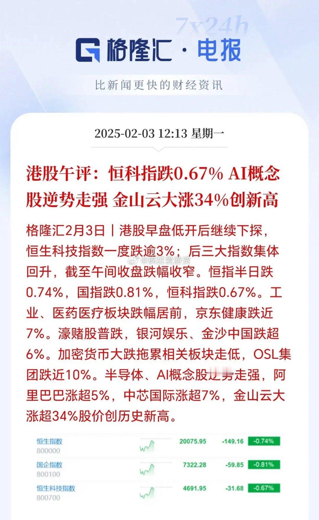 今天港股大跌，A50大跌，但是AI一枝独秀。不管看不看好25年的股市（我看好），