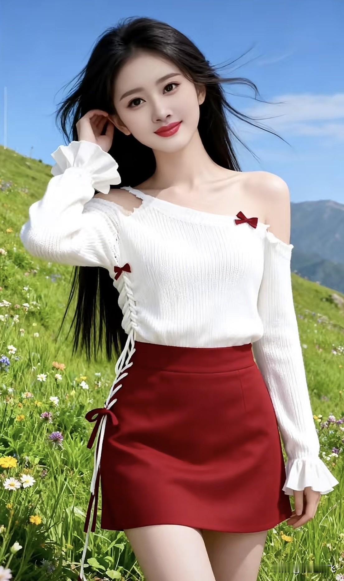 红裙映绿野，风姿动人间。温婉红裙红裙闪耀写真红裙户外照红裙闪耀写真红裙户