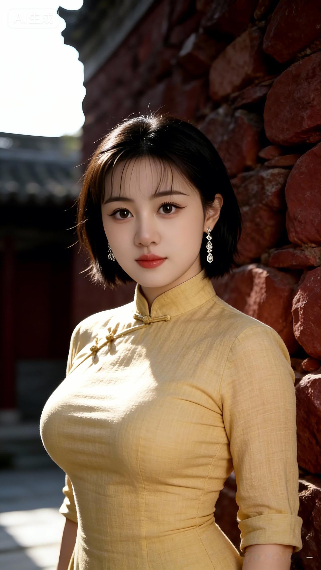 优雅旗袍少女，红墙映衬，古典韵味十足