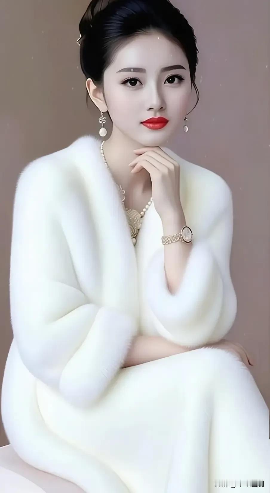 什么是真正的女性之美?绒白裹着柔，珠链碰响腕间的光，唇上红是冷调里浸出的暖。