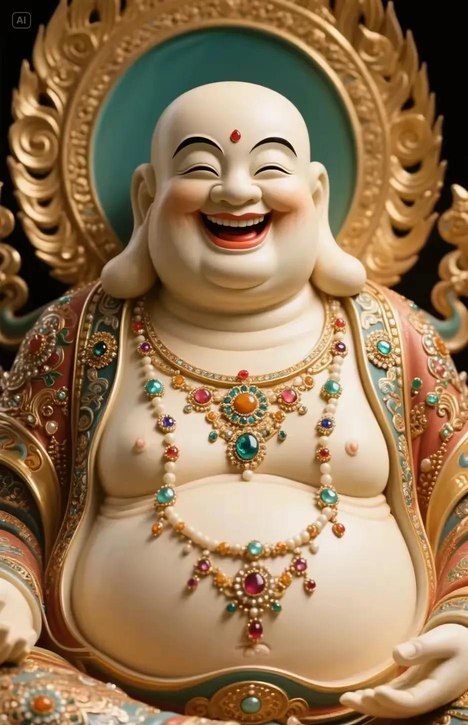 弥勒菩萨那坦荡开怀的笑容，总像一束暖光，壁纸里的他，仿佛带着“诸事吉祥”的祝福，