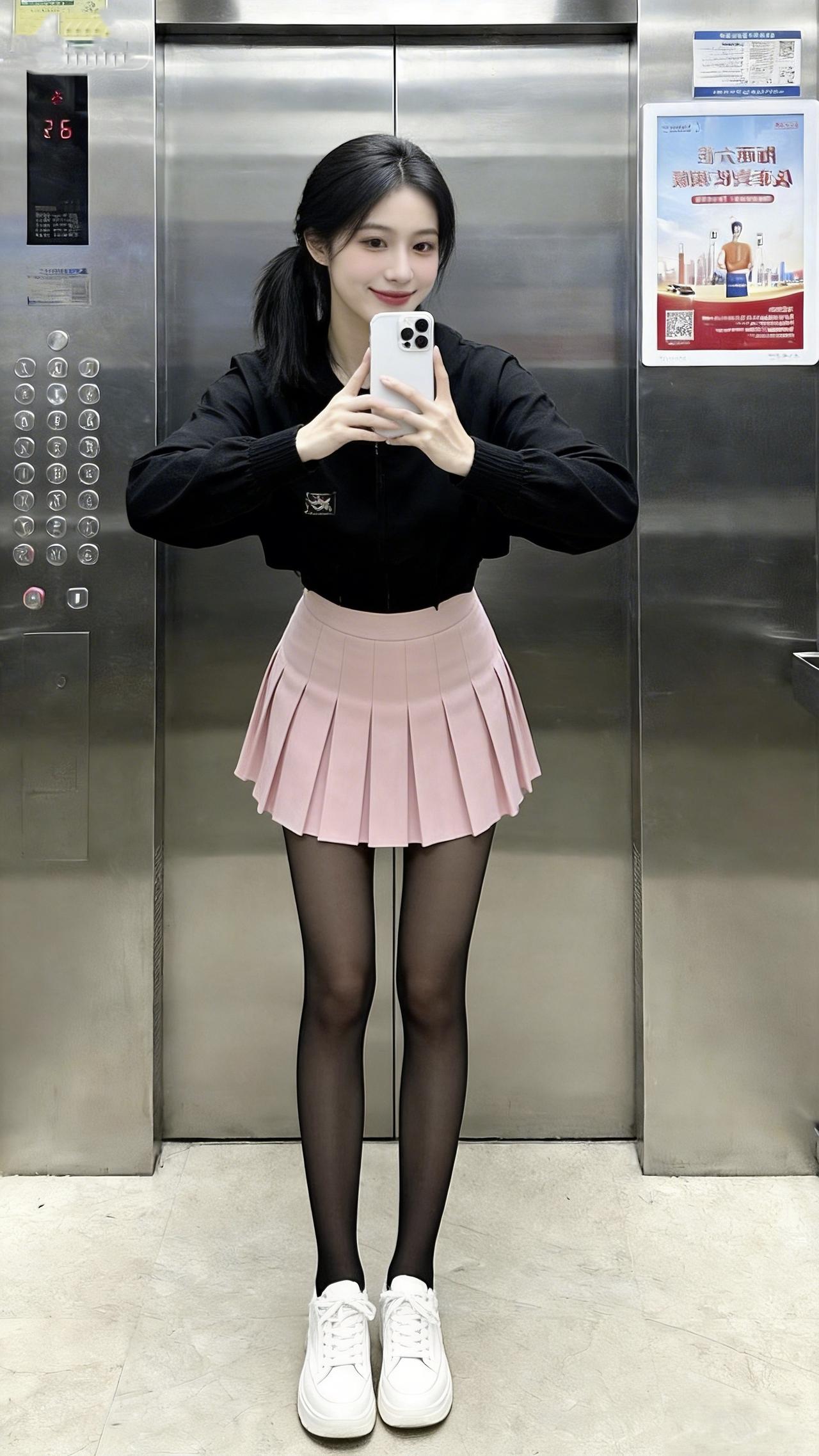 黑配粉，很销魂！这身穿搭就问你好不好看？我的春日甜美ootd黑丝搭配粉色百褶