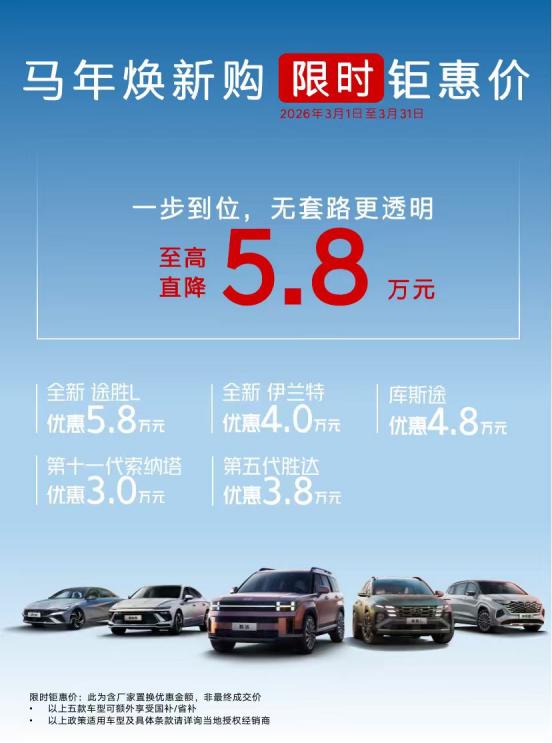 马年开局，北京现代发布“马年焕新购限时钜惠价”政策。活动覆盖多款核心车型：途胜