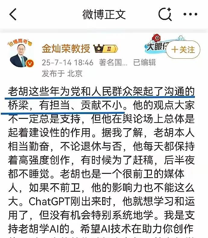 金灿荣了不起！这段文字，我实在看不懂有人说是讽刺胡锡进有人说是表扬胡锡进