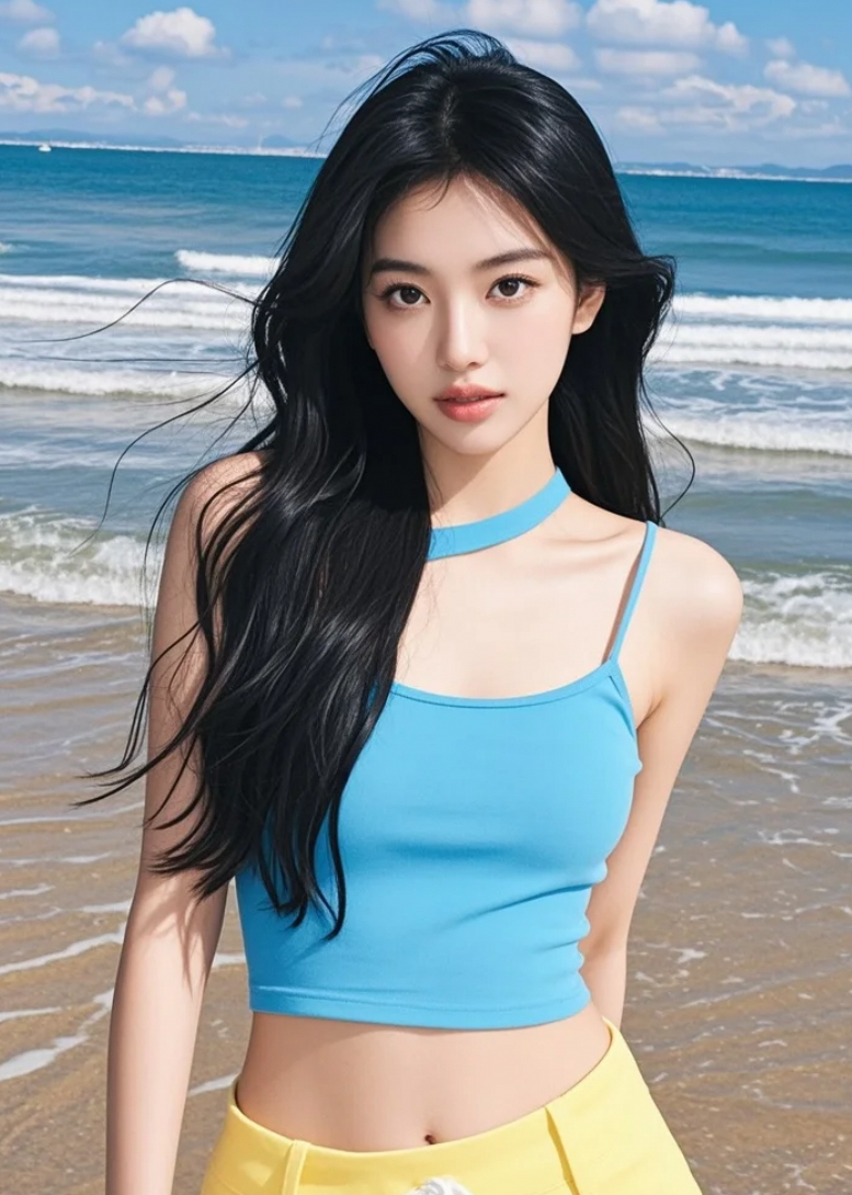 美女裙摆轻扬的海边日记