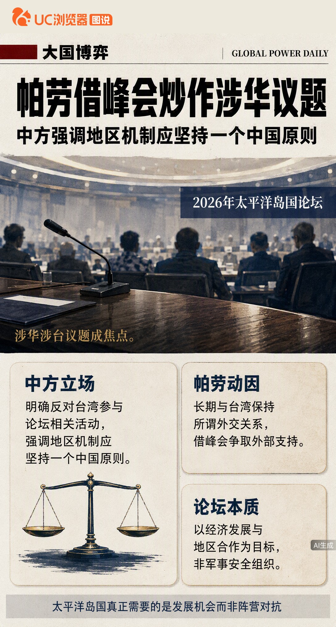 帕劳借太平洋岛国论坛炒作涉台议题，试图把区域合作变成博弈舞台。但1.8万人的小岛国，真能靠制造对立换