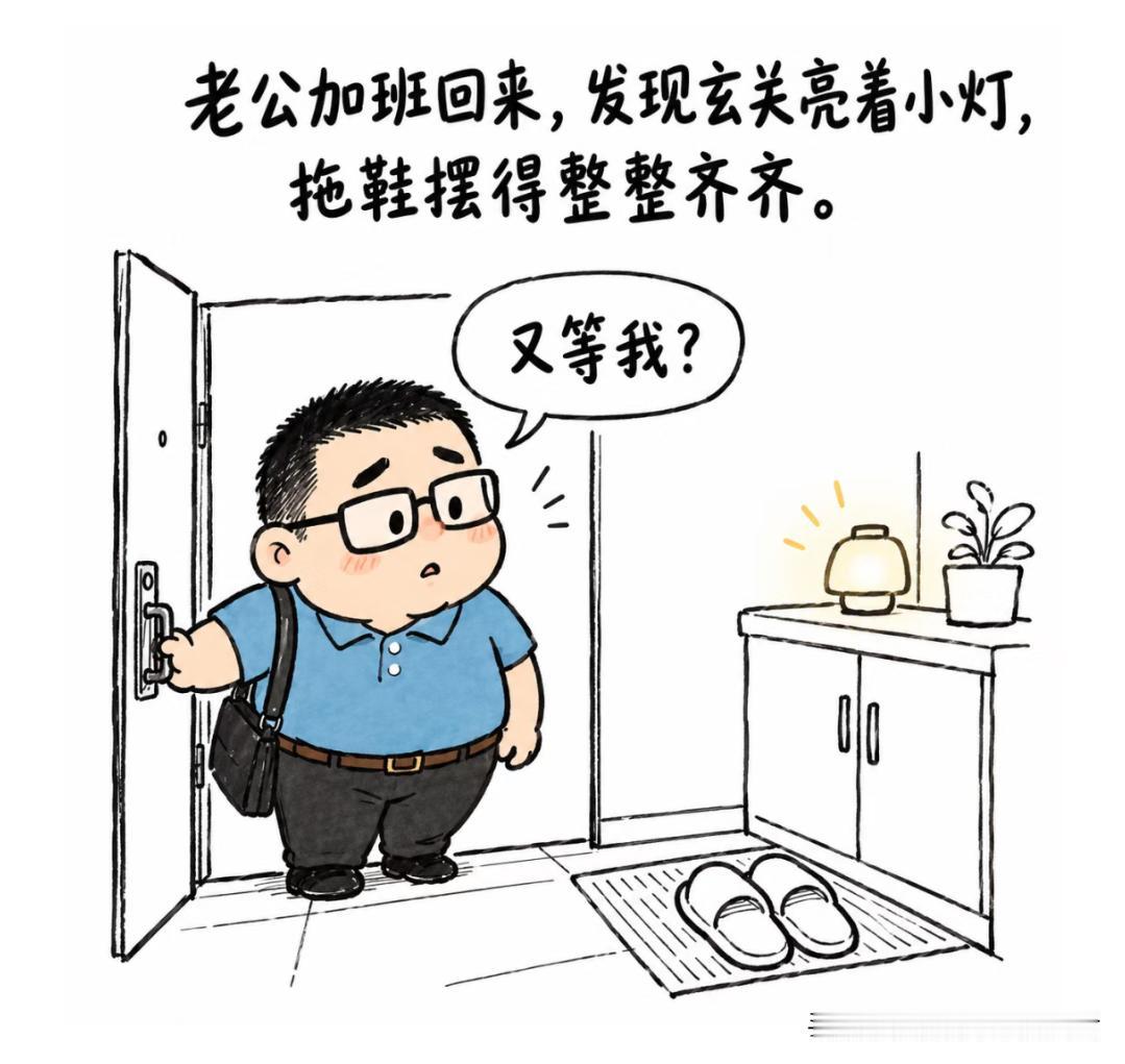 趣味漫画：老公加班回来，发现玄关亮着小灯，拖鞋摆得整整齐齐。老公「又等我？」老婆