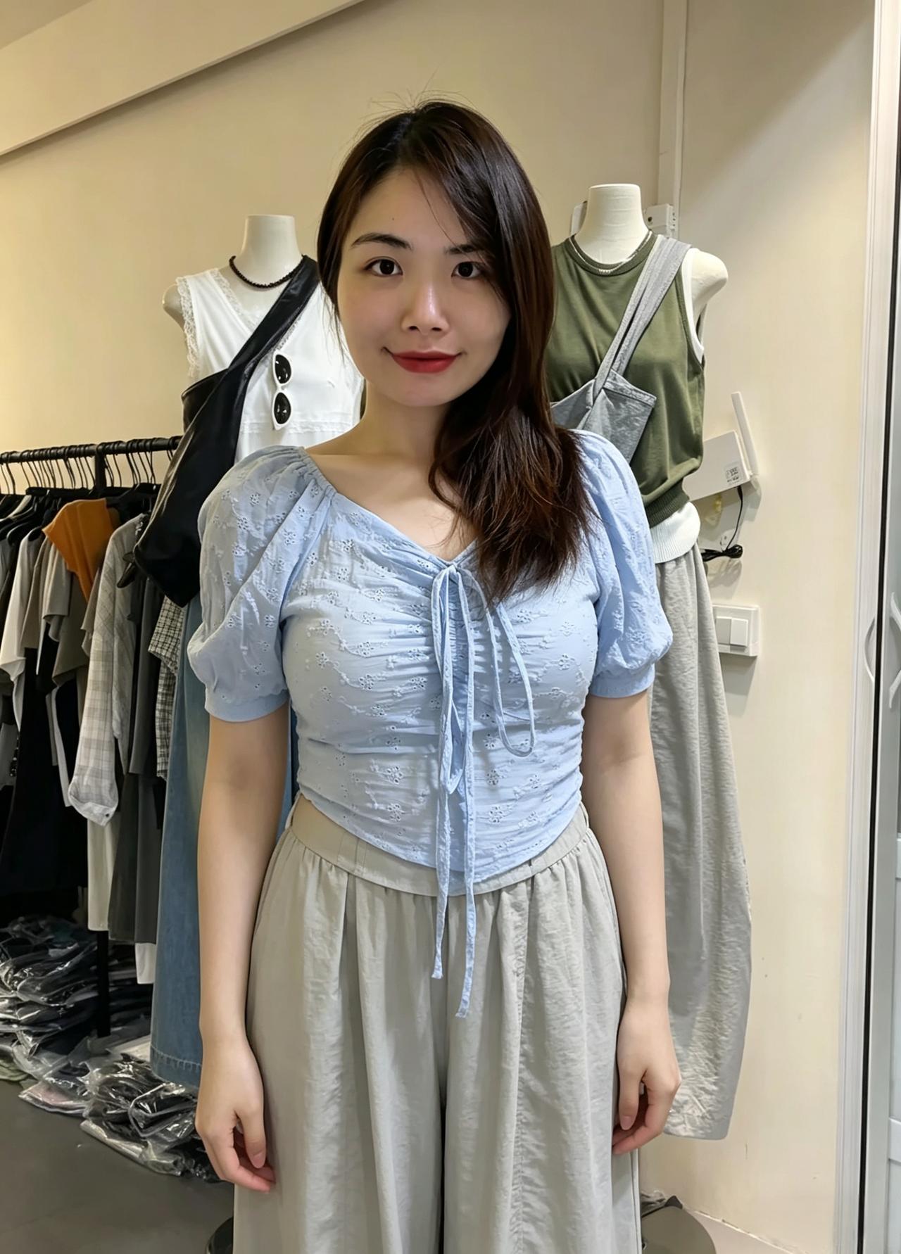 揉碎天空的浅蓝织进满衣温柔的镂空泡泡袖兜住一整个晚风的松弛抽绳绾起少女藏不