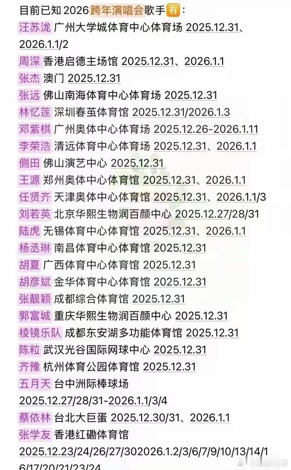 歌手都自己开跨年演唱会了居然有这么多，那各大跨年晚会的台柱都没了吧汪苏泷张杰