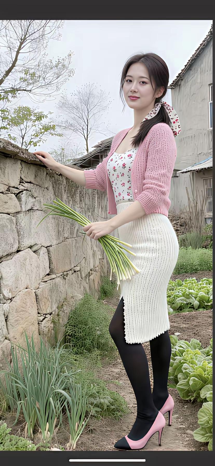 田园风穿搭，粉色毛衣搭配白色连衣裙，手捧蔬菜，清新自然。