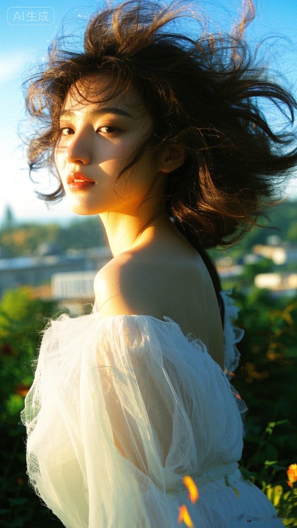 风中飘逸的少女，微笑中透着自由与快乐。