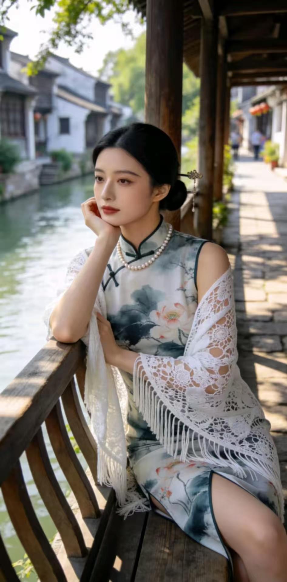 塞鸿秋·水乡荷影晴廊映水柔波皱，凭栏漫惹相思瘦。青丝绾月簪痕秀，素颈凝玉