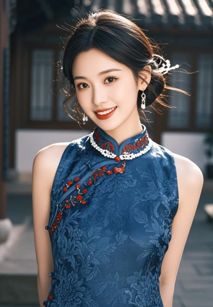 她站在老宅庭院里，穿蓝色露肩旗袍，美得让人不敢大声呼吸