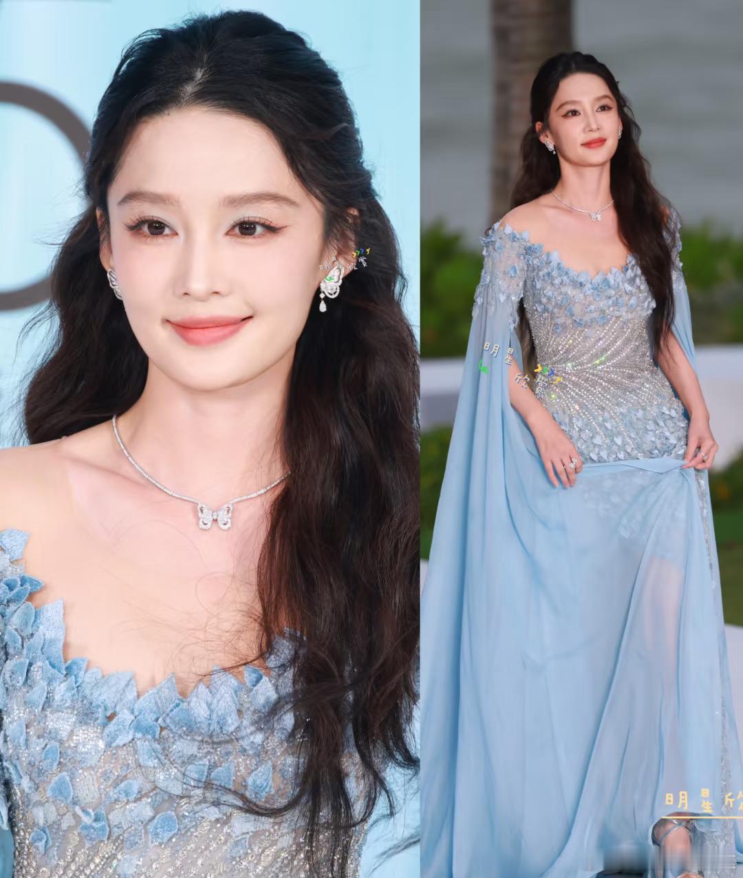 伴着海风而来的人鱼公主沁，蓝调仙气李沁ELLE风尚大典红毯生图掉落幽香阵阵的美沁