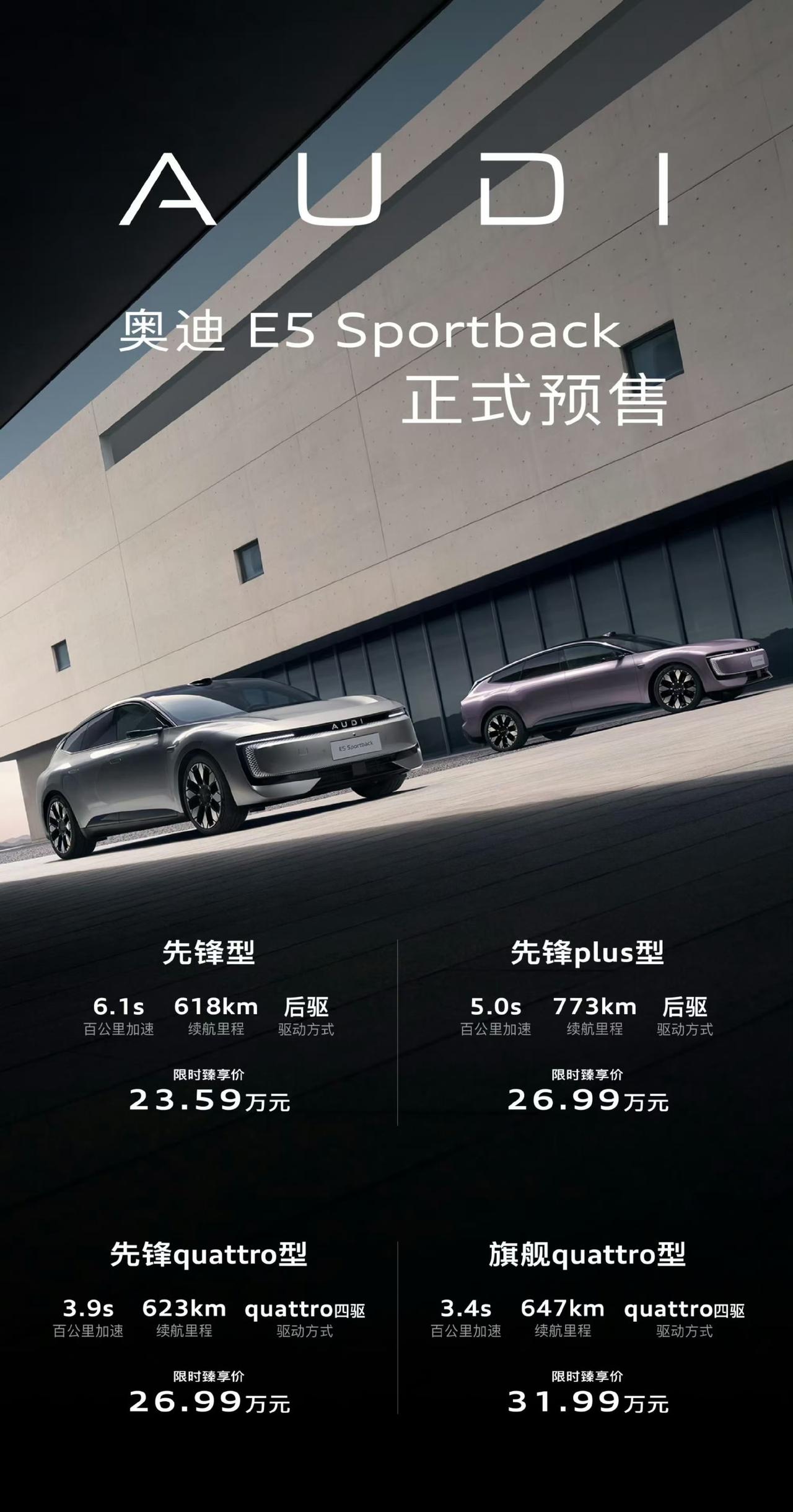 AUDI首款量产车型奥迪E5Sportback开启预售。全系推出先锋型、先