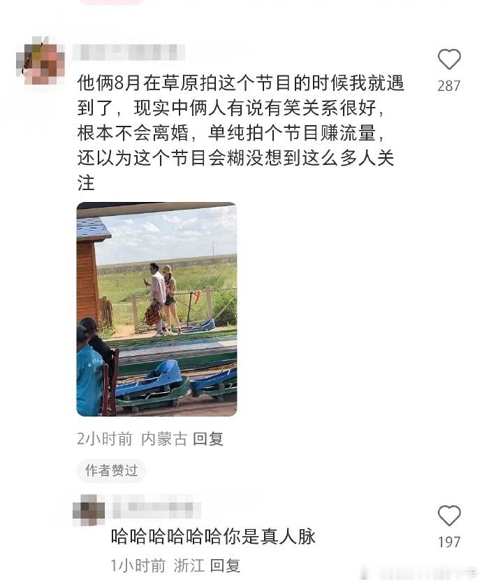 节目效果靠剧本，人物形象虚构。8月网友偶遇两人甜蜜出游，节目中却装作疲惫感叹离婚