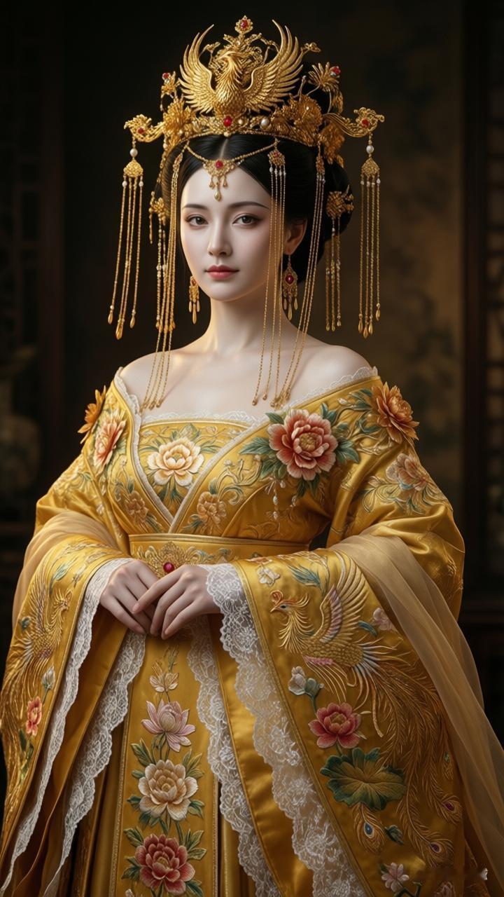 穿越时空的古典美人，金色的华服与精致的妆容相得益彰，宛如画中走出的仙子。