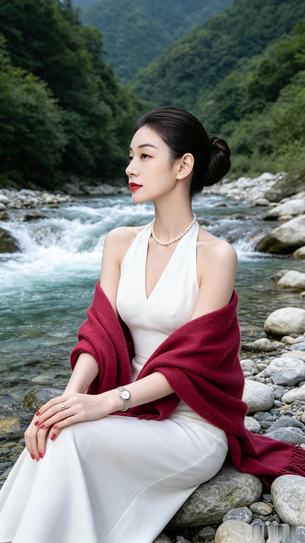 溪畔佳人溪畔佳人倚石矶，云鬟高挽玉容丽。红巾轻绕香肩柔，素袂微垂皓腕逸。