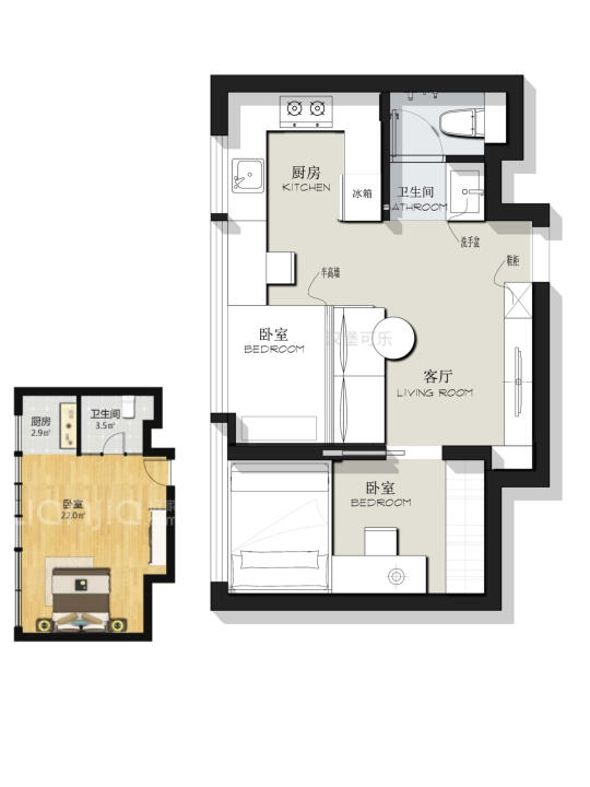 户型优化/小户型两居室平面方案设计