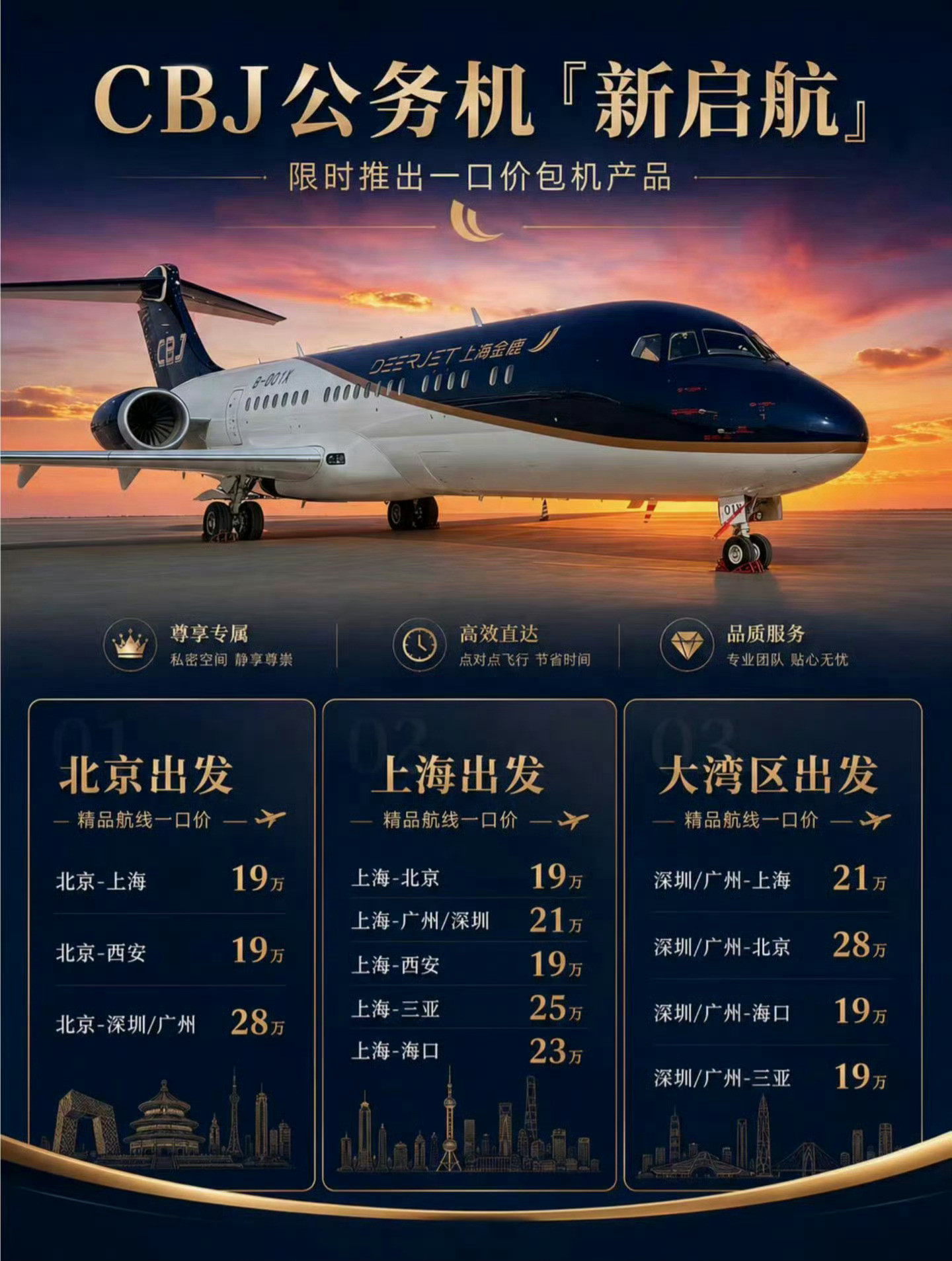 特大喜讯！中国商飞推出CBJ公务机限时优惠价，中国境内热门航线19万起，覆盖北上