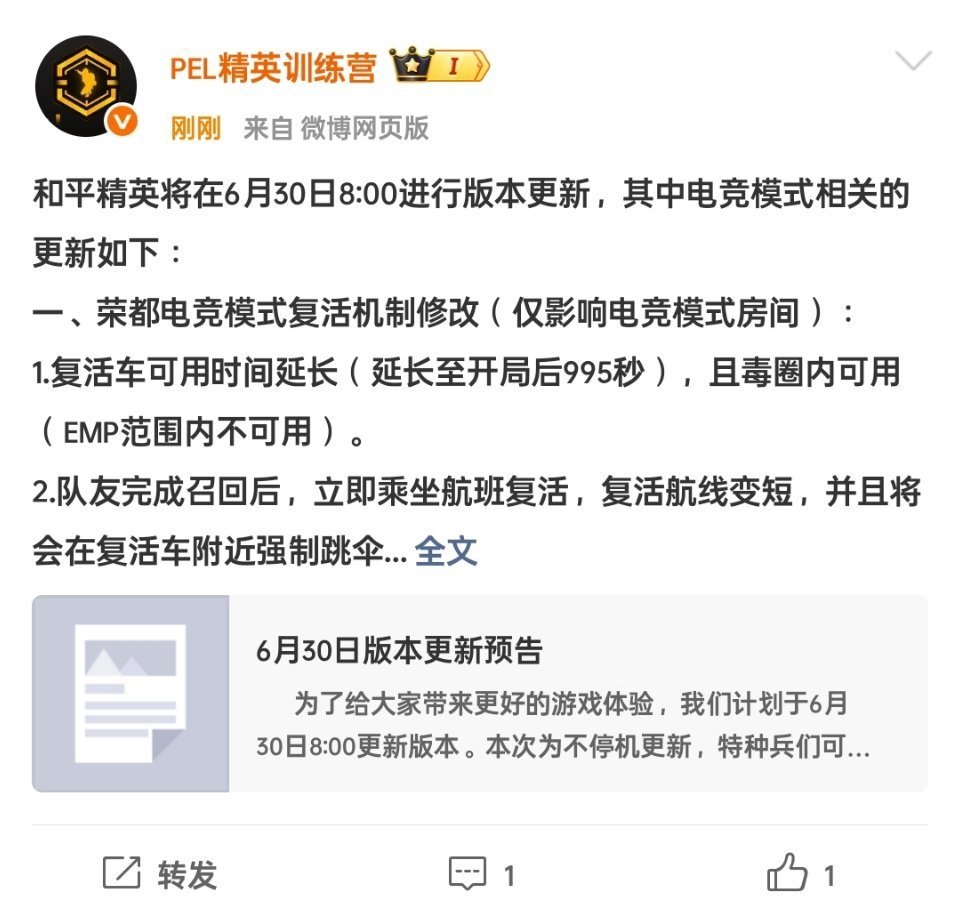 6月30日8:00和平精英更新。荣都电竞模式复活机制调整：复活车延长至开局995