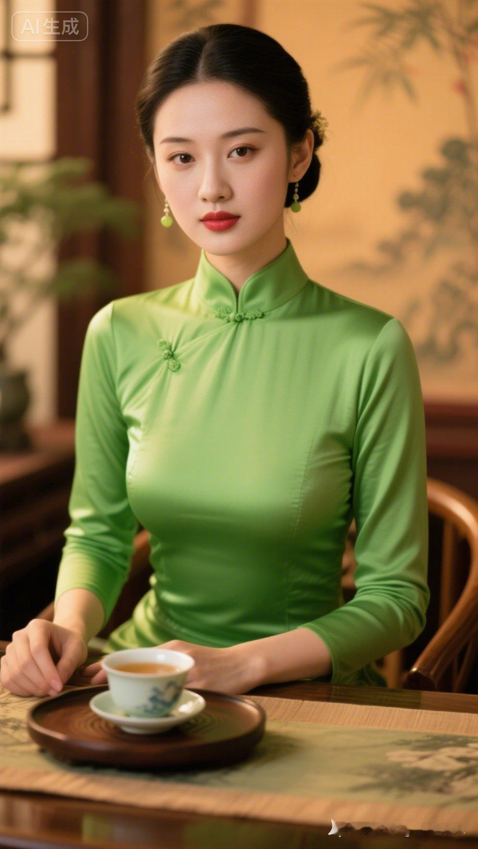 优雅绿衣女子，茶香满溢的静谧时光。