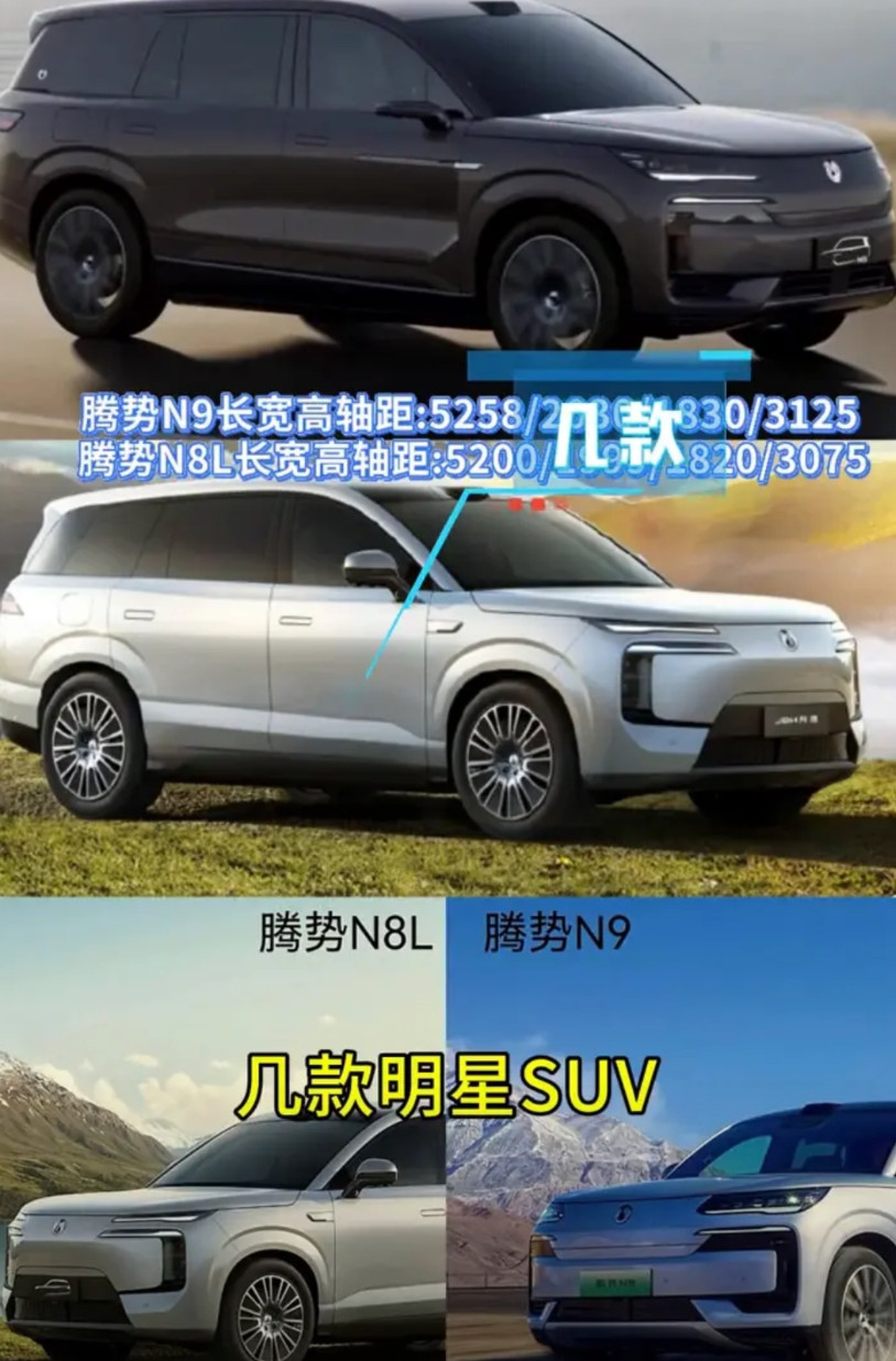 腾势N9长宽高轴距：5258/2030/1830/3125。腾势N8L长宽高轴距