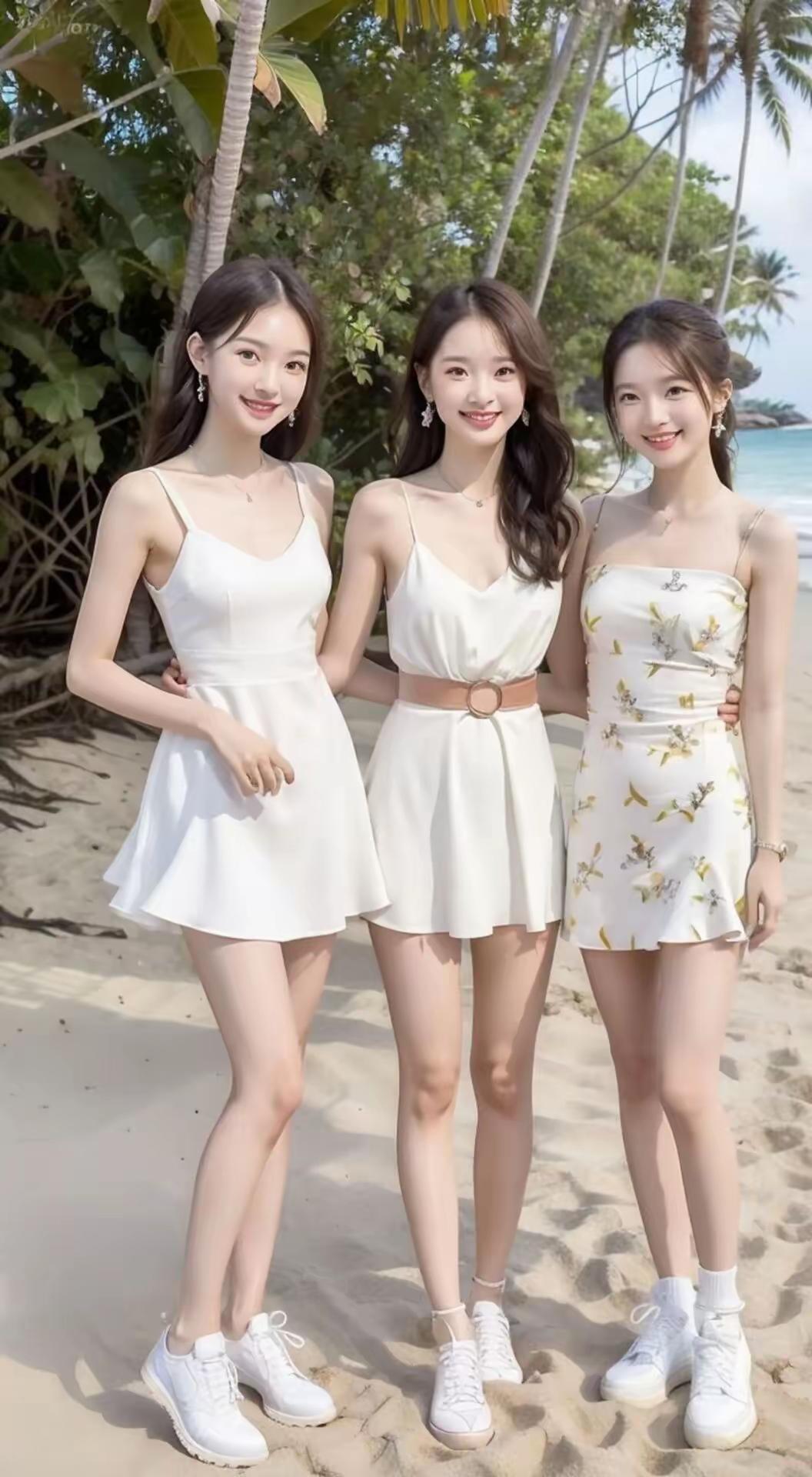 三位小姑娘海边合影，你能猜出来这三位美女每个人的大年龄吗？