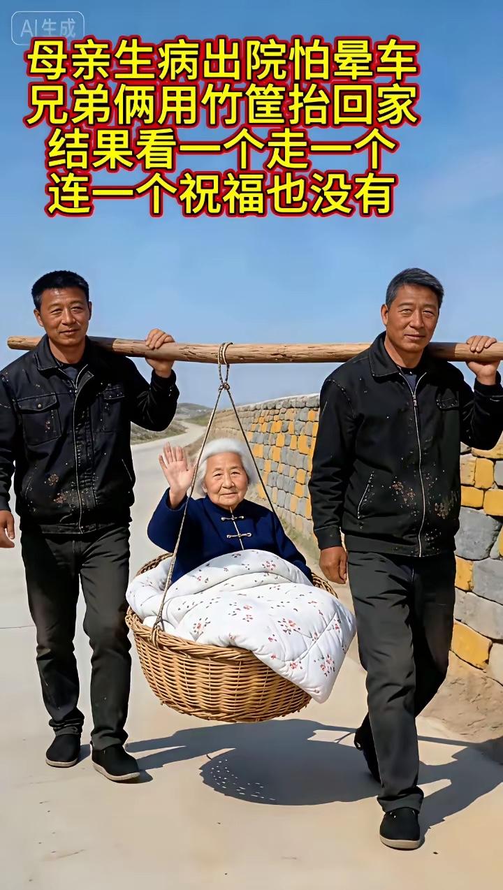 母亲生病出院怕晕车，兄弟俩用竹筐抬回家，结果看一个走一个，连一个祝福也没有。