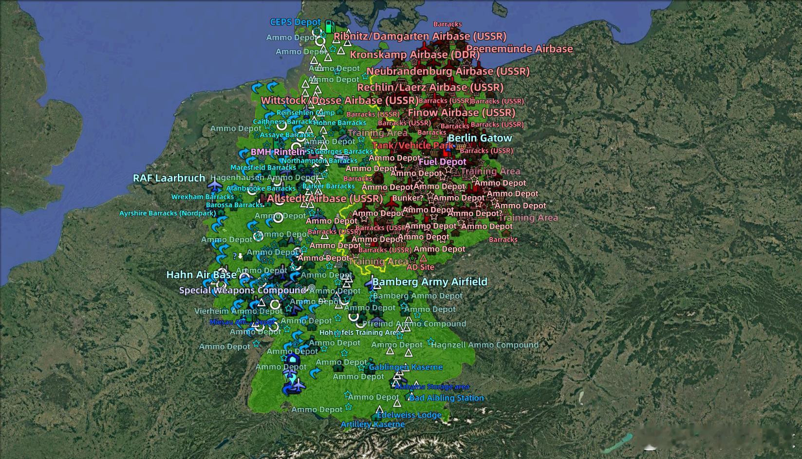 冷战时期，图1是东西德军事基地分布，图2是东西阵营的防空阵地历史冷战德国